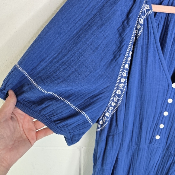 Old Navy Blue Crinkle Crepe Embroidered Peasant Boho Long Maxi Dress Plus Xxl - Picture 6 of 9